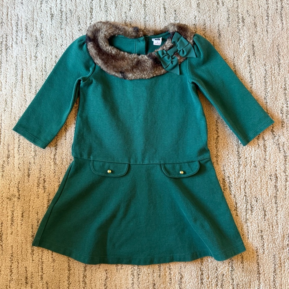 Janie and Jack Teal Dress with Faux Fur Collar